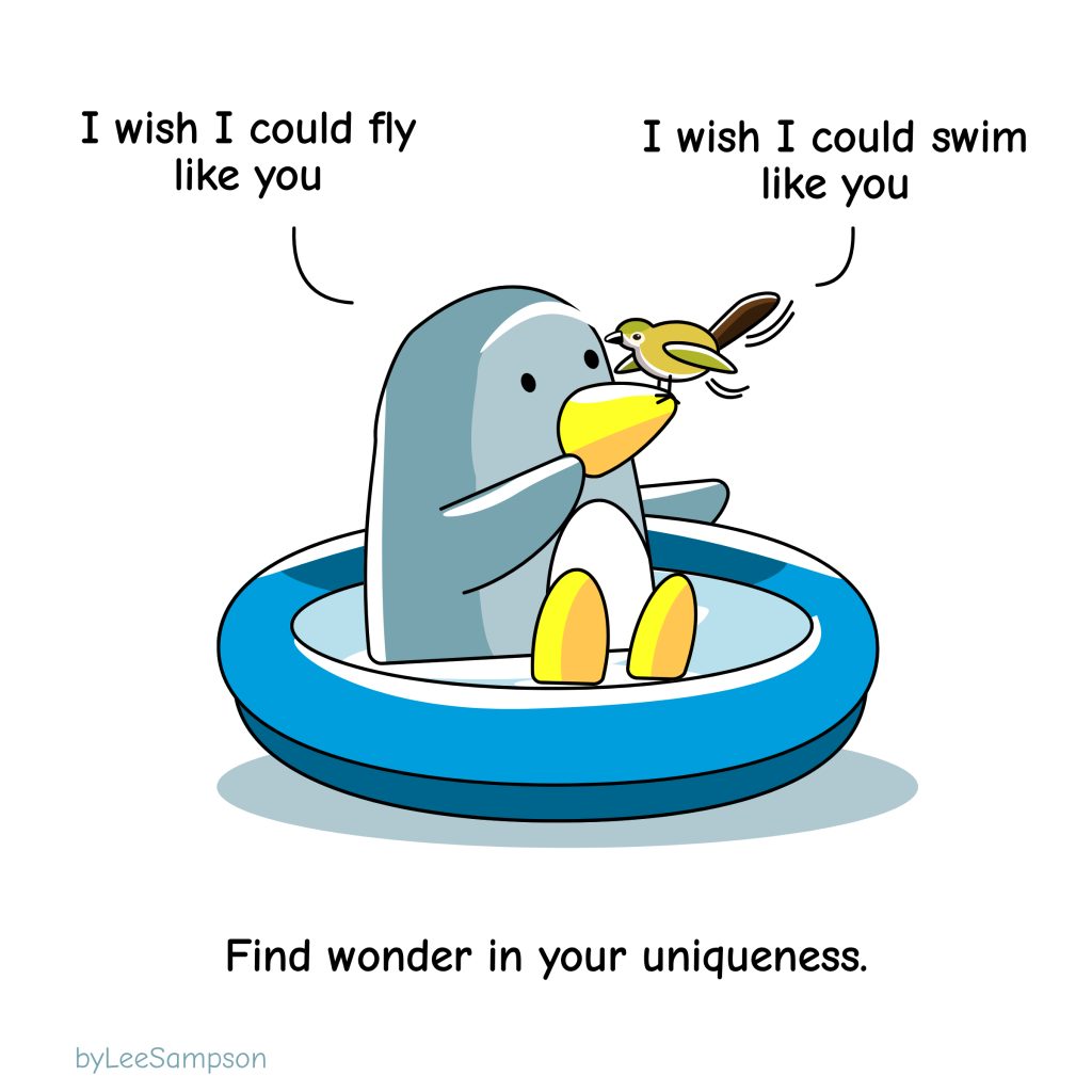 A penguin cartoon about uniqueness. Original artwork by Lee Sampson