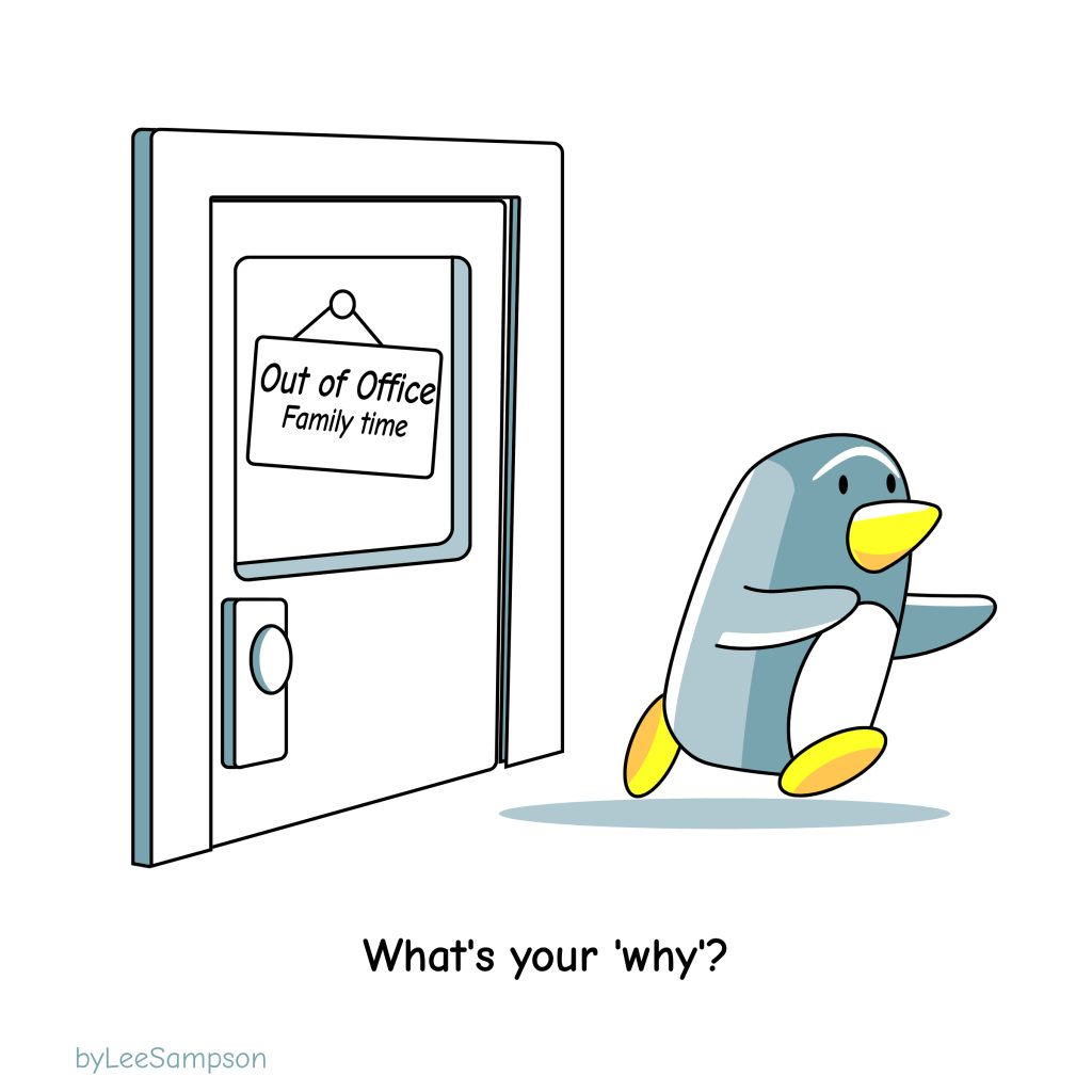 A penguin cartoon about work life balance. Original artwork by Lee Sampson