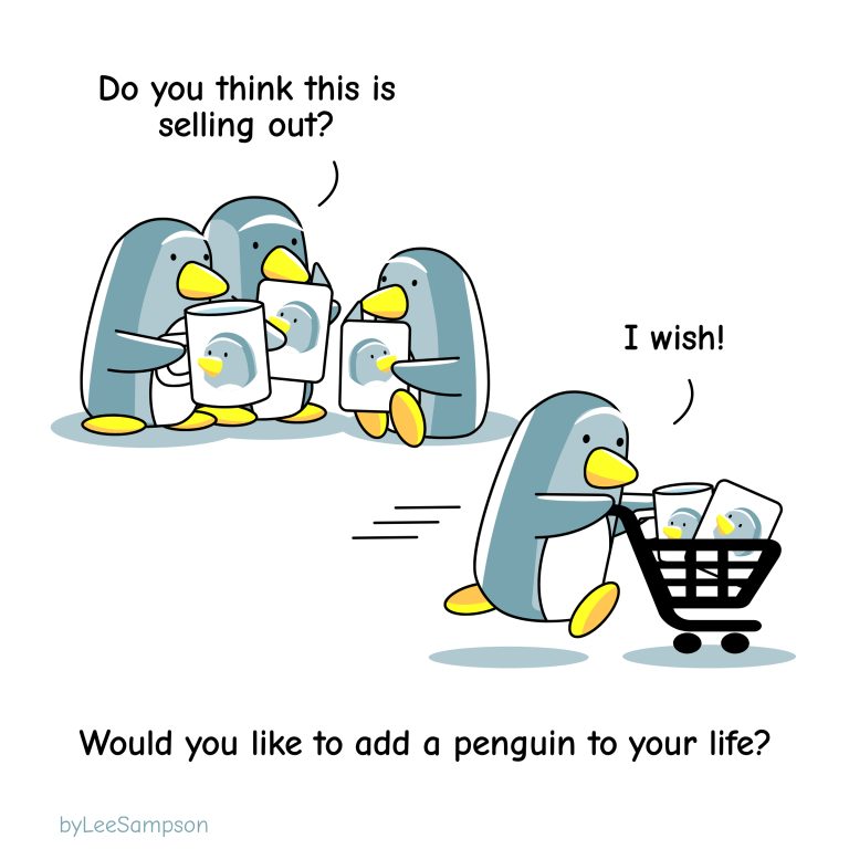 A cartoon of penguins shopping. Original artwork by Lee Sampson.