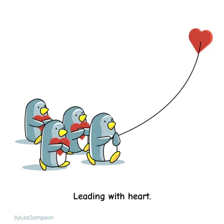 A penguin leads a group of penguins by using their heart as a kite so they can follow.