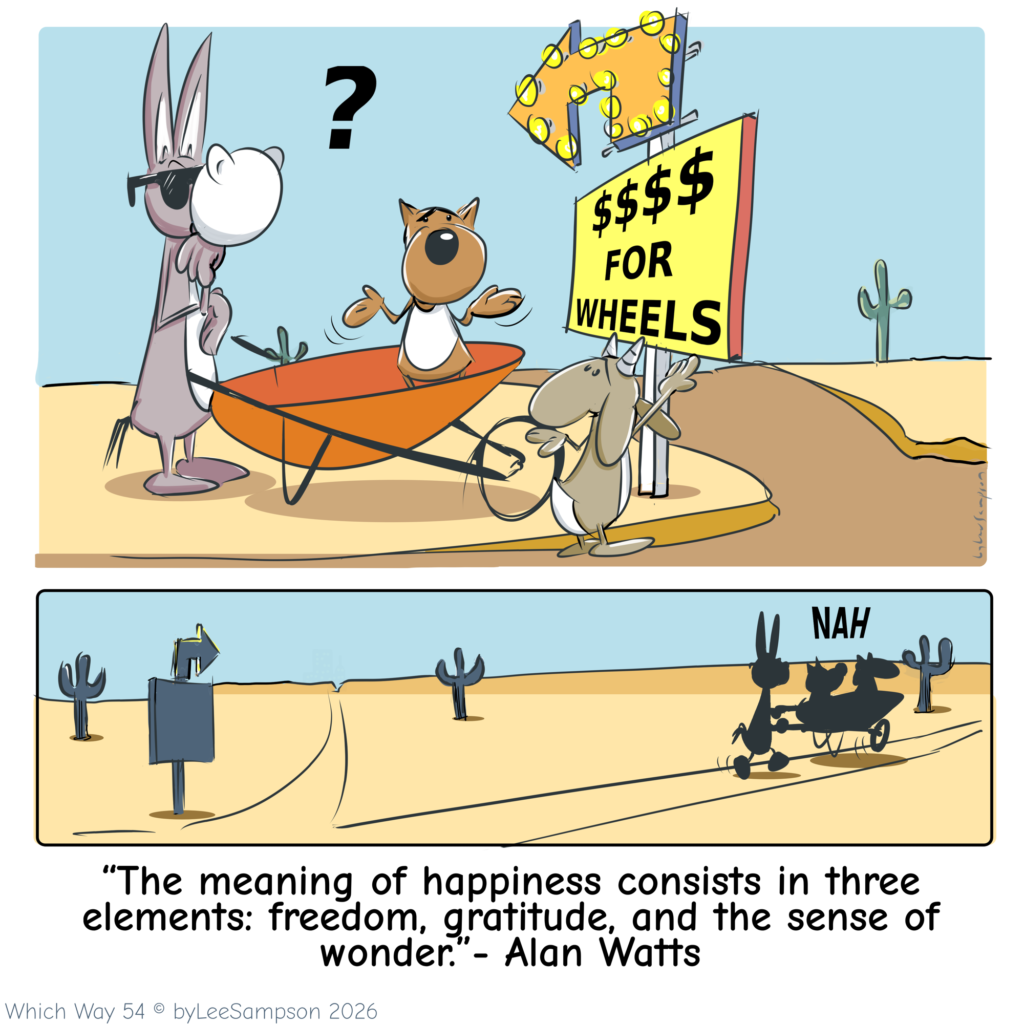 A single-panel digital illustration by artist Lee Sampson from the "Which Way?" series, split into two scenes. In the top scene, the goat, dog, and blind donkey are stopped at a fork in the road next to a flashing, lightbulb-lit sign that reads "Dollars for Wheels," looking at it with a question mark. In the smaller bottom scene, a wider vista shows the silhouettes of the characters walking away down a different road. The illustration features the quote by Alan Watts: "The meaning of happiness consists of three elements: freedom, gratitude, and a sense of wonder."