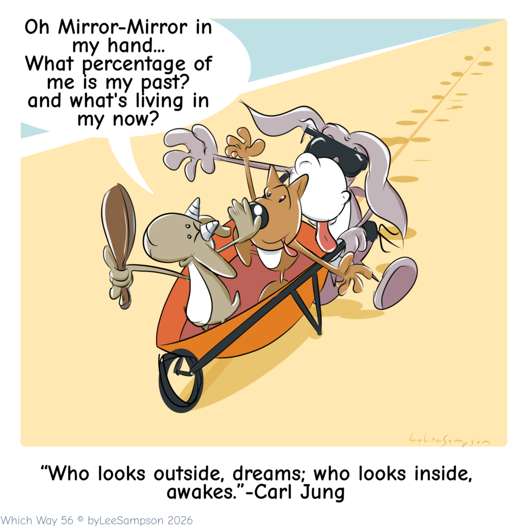 A digital illustration by artist Lee Sampson from the "Which Way?" series, showing the three characters walking along. At the front, the goat holds up a small handheld mirror, looking into it and asking, "Oh mirror mirror in my hand, what percentage of me is my past and what's living in my now?" Behind him, the dog and the blind donkey pull funny faces and wave their arms, playfully trying to photobomb the background of the mirror. The illustration features the bottom quote by Carl Jung: "Who looks outside, dreams; who looks inside, awakes."